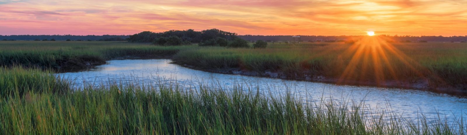 Evening sunset over pond and land