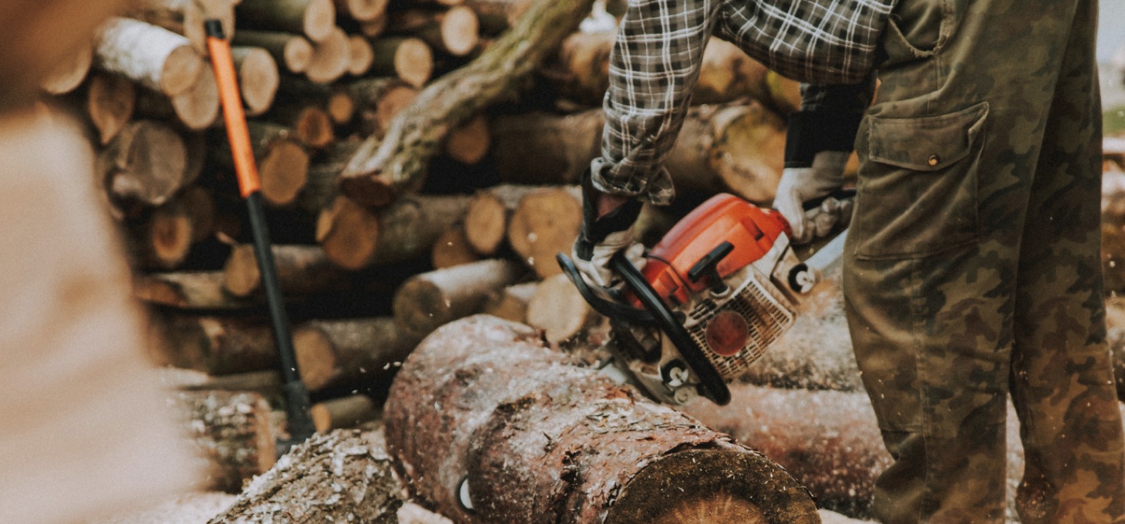 Man using a chainsaw to cut a tree trunk